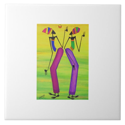 Waterverf, Afrikaanse kunst Sun Party Tegeltje (Voorkant)