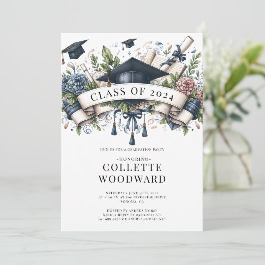 Waterverf Afstudeer Bloemen Banner Afstudeerfeest Kaart (Staand voorkant)