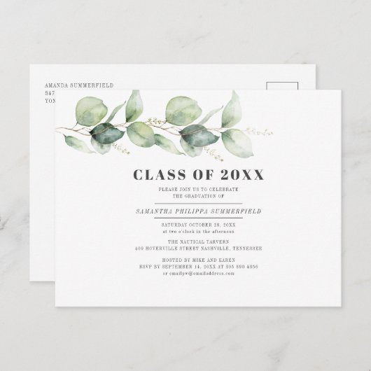 Waterverf Afstuderen 2025 Eucalyptus Partij Uitnodiging Briefkaart (Voorkant / Achterkant)