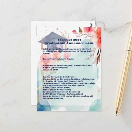 Waterverf Afstuderen Aankondiging Briefkaart (Voorkant / Achterkant in situ)