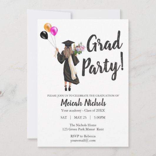 Waterverf Afstuderen Modern Trendy Girl Invite Kaart (Voorkant)