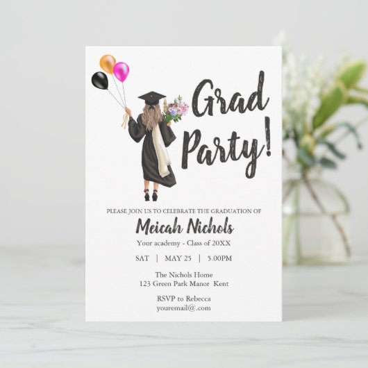 Waterverf Afstuderen Modern Trendy Girl Invite Kaart (Staand voorkant)