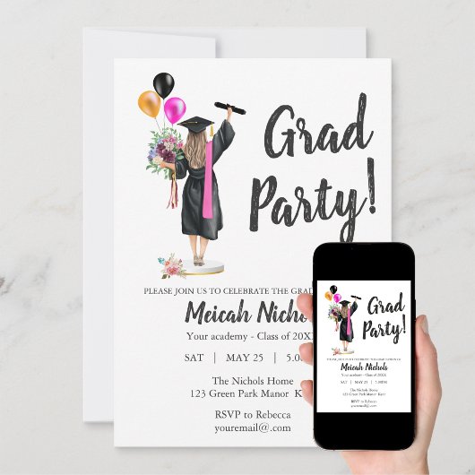 Waterverf Afstuderen Modern Trendy Girl Invite Kaart