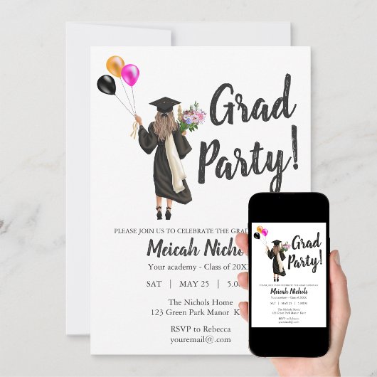 Waterverf Afstuderen Modern Trendy Girl Invite Kaart
