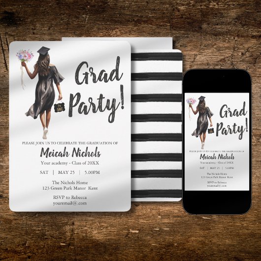 Waterverf Afstuderen Modern Trendy Girl Invite Kaart