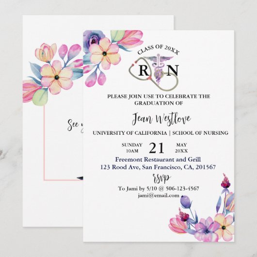 Waterverf Afstuderen van verpleegschool Floral len Kaart (Voorkant / Achterkant)