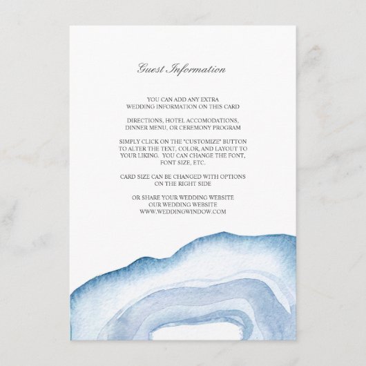 Waterverf Agaat Bruiloft invoegen Kaart | Blauw (Voorkant)