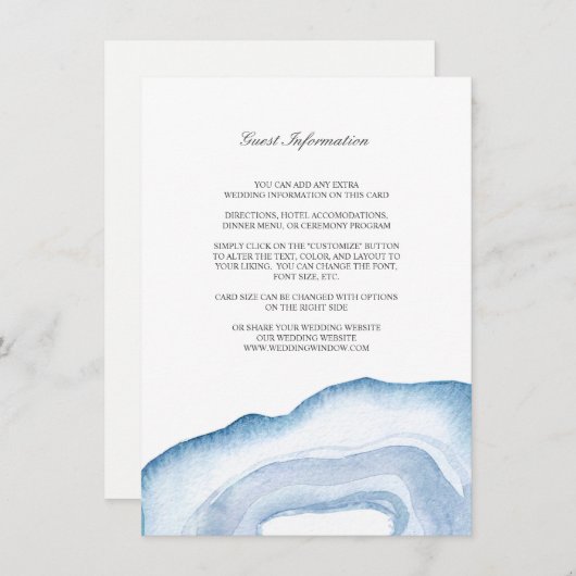 Waterverf Agaat Bruiloft invoegen Kaart | Blauw (Voorkant / Achterkant)