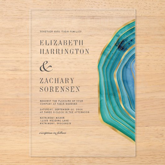 Waterverf Agate Blauwgroen Gold Wedding Acryl Uitnodigingen (Voorkant)
