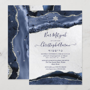 Waterverf Agate, Midnight Blue Silver Bar Mitzvah Kaart