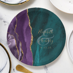 Waterverf Agate Script Paars Goud Teal Bruiloft Papieren Bordje