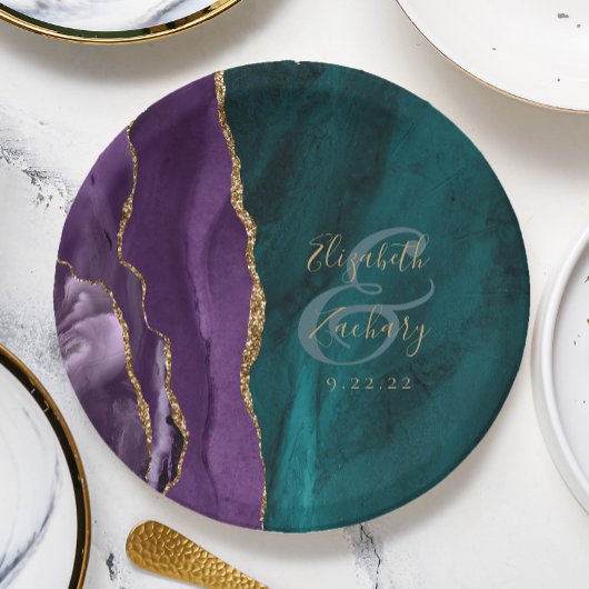 Waterverf Agate Script Paars Goud Teal Bruiloft Papieren Bordje