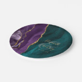 Waterverf Agate Script Paars Goud Teal Bruiloft Papieren Bordje (Gekanteld)