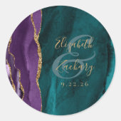 Waterverf Agate Script Paars Goud Teal Bruiloft Ronde Sticker (Voorkant)