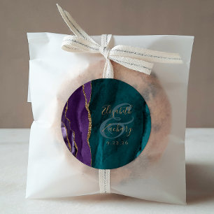 Waterverf Agate Script Paars Goud Teal Bruiloft Ronde Sticker