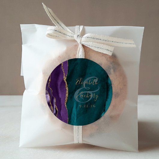 Waterverf Agate Script Paars Goud Teal Bruiloft Ronde Sticker