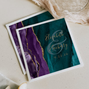 Waterverf Agate Script Paars Goud Teal Bruiloft Servet