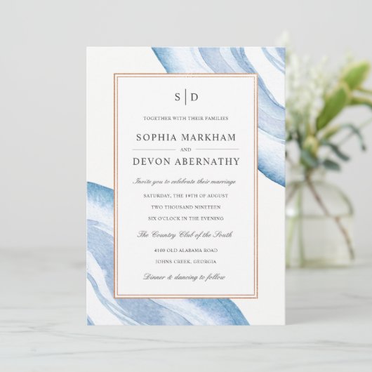 Waterverf Agate Slice Wedding Invite | Blauw Kaart (Staand voorkant)