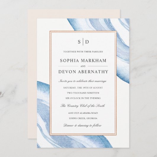 Waterverf Agate Slice Wedding Invite | Blauw Kaart (Voorkant / Achterkant)