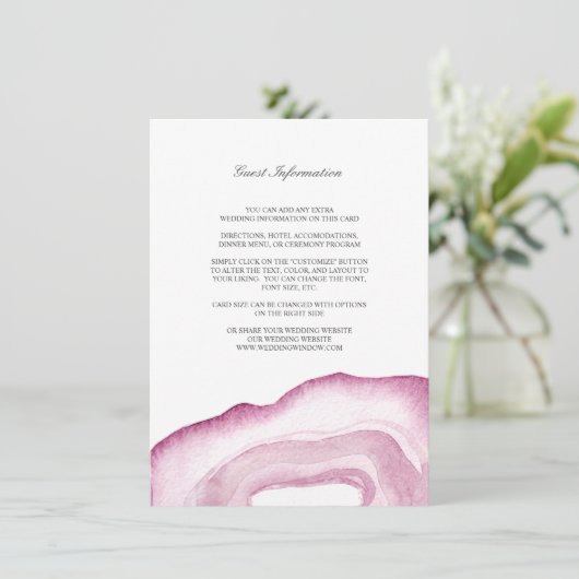 Waterverf Agate Wedding-kaart | Mauve Pink Informatiekaartje (Staand voorkant)