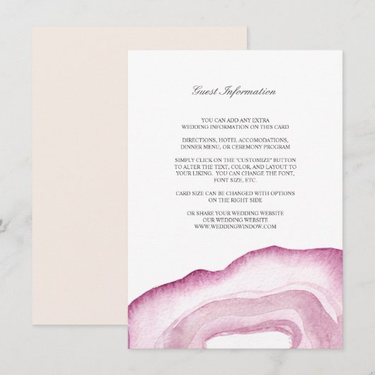 Waterverf Agate Wedding-kaart | Mauve Pink Informatiekaartje (Voorkant / Achterkant)