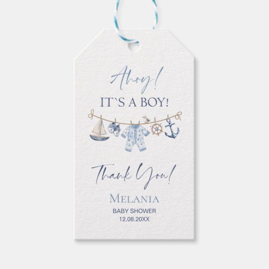 Waterverf Ahoy het is een Boy baby shower Cadeaulabel (Voorkant)