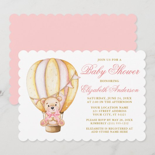 Waterverf Air Balloon Teddy Bear Pink Baby shower Kaart (Voorkant / Achterkant)