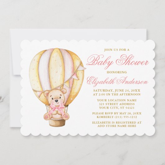 Waterverf Air Balloon Teddy Bear Pink Baby shower Kaart (Voorkant)