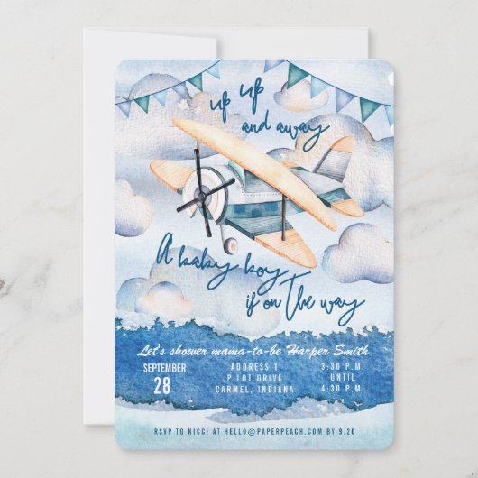 Waterverf Airplane Baby Boy Shower Invitation Kaart (Voorkant)