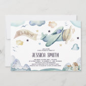 Waterverf Airplane Baby Boy Shower Invitation Kaart (Voorkant)