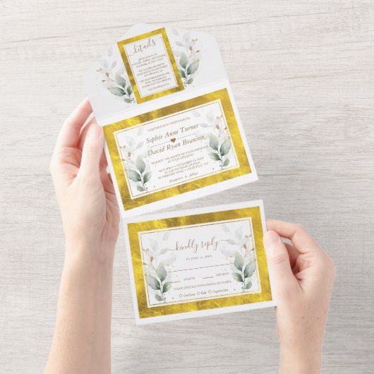 Waterverf Airy Greenery Gold Foil Wedding All In One Uitnodiging (Afscheurbaar)