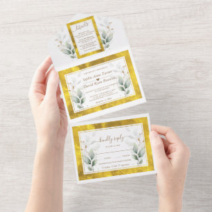 Waterverf Airy Greenery Gold Foil Wedding All In One Uitnodiging
