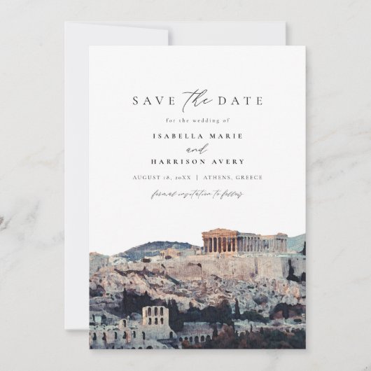 Waterverf Akropolis van Athens Save the Date Kaart (Voorkant)