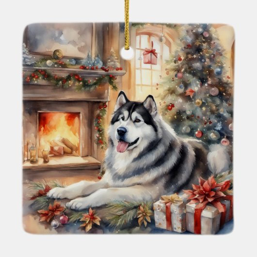 Waterverf Alaskan Malamute - Kerstscene Keramisch Ornament (Achterkant)