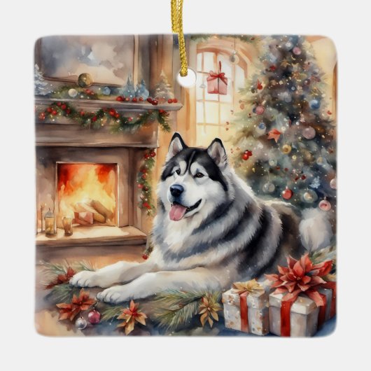 Waterverf Alaskan Malamute - Kerstscene Keramisch Ornament (Voorkant)