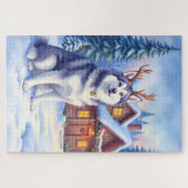 Waterverf Alaskan Malamute Rendier Kerstmis Legpuzzel (Horizontaal)