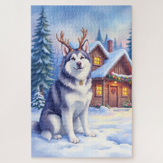 Waterverf Alaskan Malamute Rendier Kerstmis Legpuzzel (Verticaal)