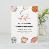 Waterverf All-Star Sports 7e verjaardag Uitnodigin Kaart (Staand voorkant)