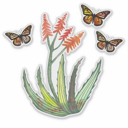 Waterverf Aloe Vera Succulent FLowers Butterflies Sticker (Voorkant)