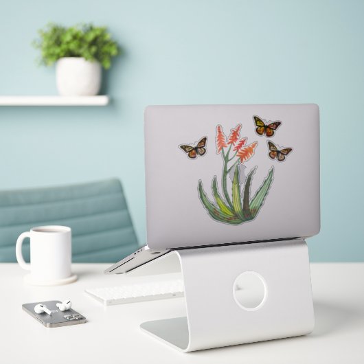 Waterverf Aloe Vera Succulent FLowers Butterflies Sticker (Laptop op bureau)