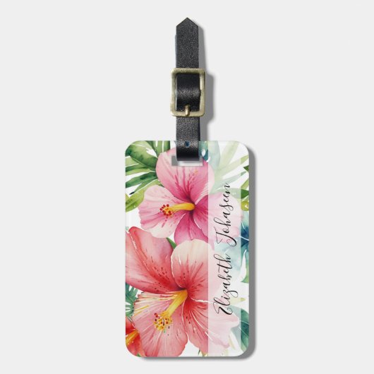 Waterverf Aloha Hawaiian Red Flowers Script Naam Bagagelabel (Voorkant verticaal)