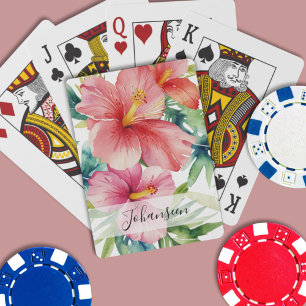 Waterverf Aloha Hawaiian Red Flowers Script Naam Pokerkaarten