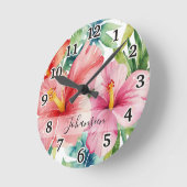 Waterverf Aloha Hawaiian Red Flowers Script Naam Ronde Klok (Hoek)