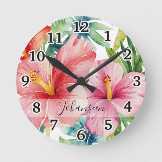 Waterverf Aloha Hawaiian Red Flowers Script Naam Ronde Klok (Voorkant)