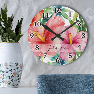 Waterverf Aloha Hawaiian Red Flowers Script Naam Ronde Klok