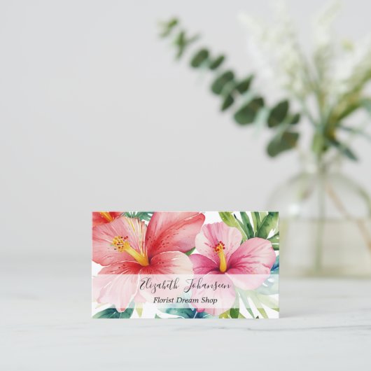 Waterverf Aloha Hawaiian Red Flowers Script Naam Visitekaartje (Staand voorkant)