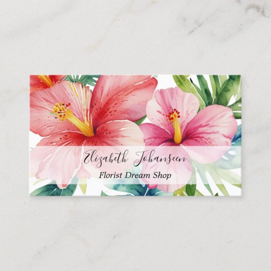 Waterverf Aloha Hawaiian Red Flowers Script Naam Visitekaartje (Voorkant)