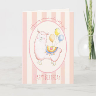 Waterverf Alpaca met Ballon Roze Verjaardag Kaart