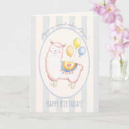 Waterverf Alpaca met Lichtblauwe Verjaardagsballon Kaart