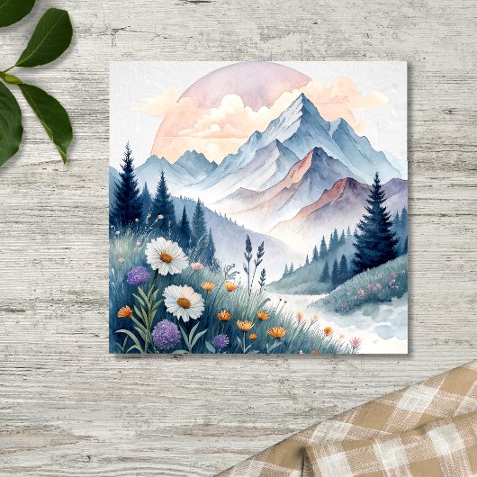 Waterverf Alpenlandschap met wilde bloemen Poster